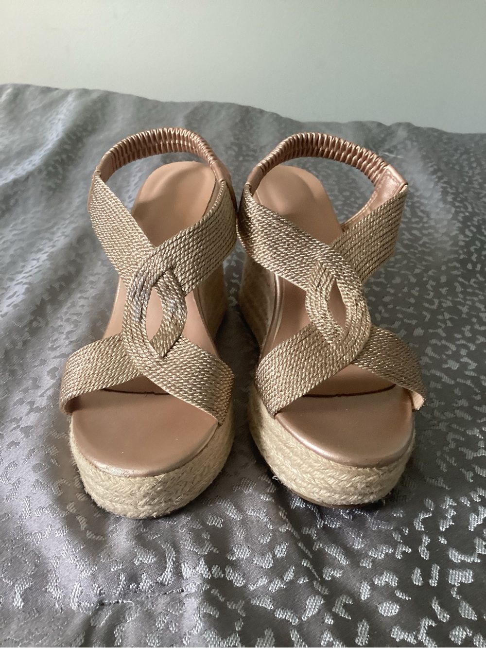 SHEIN Metallic Woven Espadrille Platform Wedge Sandals in Gold